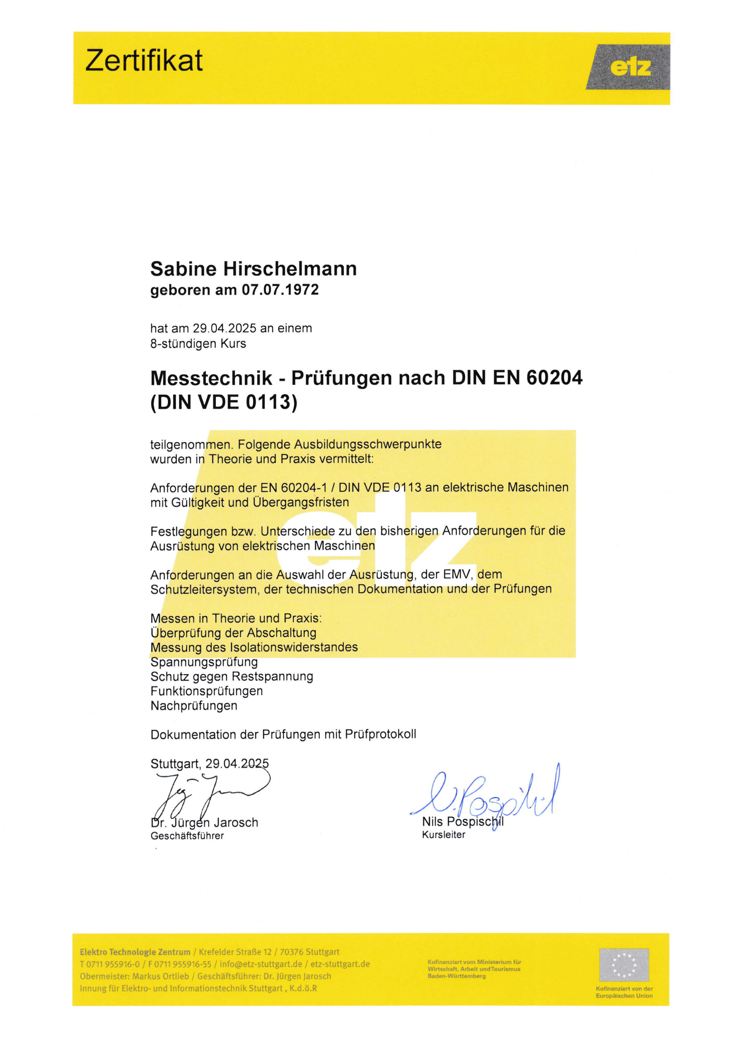 ETZ Messtechnik - Prüfungen nach DIN EN 60204