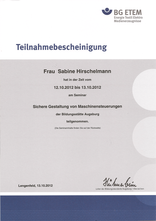 BG ETEM Seminar – Sichere Gestaltung von Maschinensteuerungen