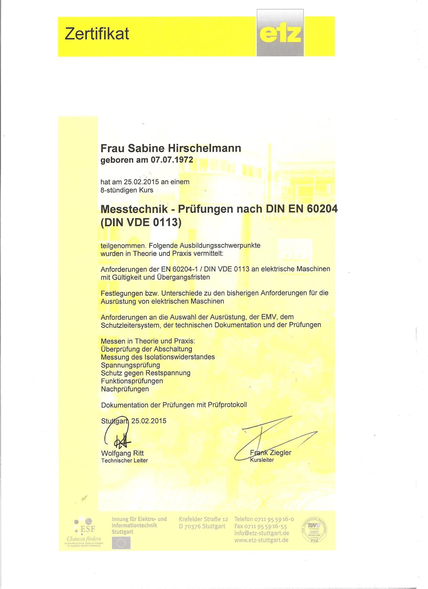 ETZ-Seminar – Prüfungen nach DIN VDE 0113 / EN 60204